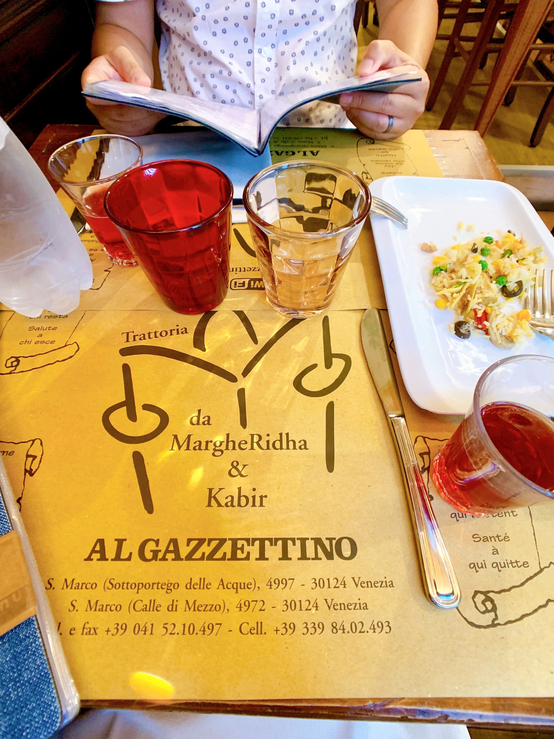 Welcome drinks and fried rice at Al Gazzettino, Venice, Italy 