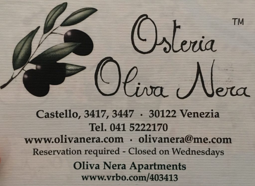 Business card for Osteria Oliva Nera, Venice, Italy