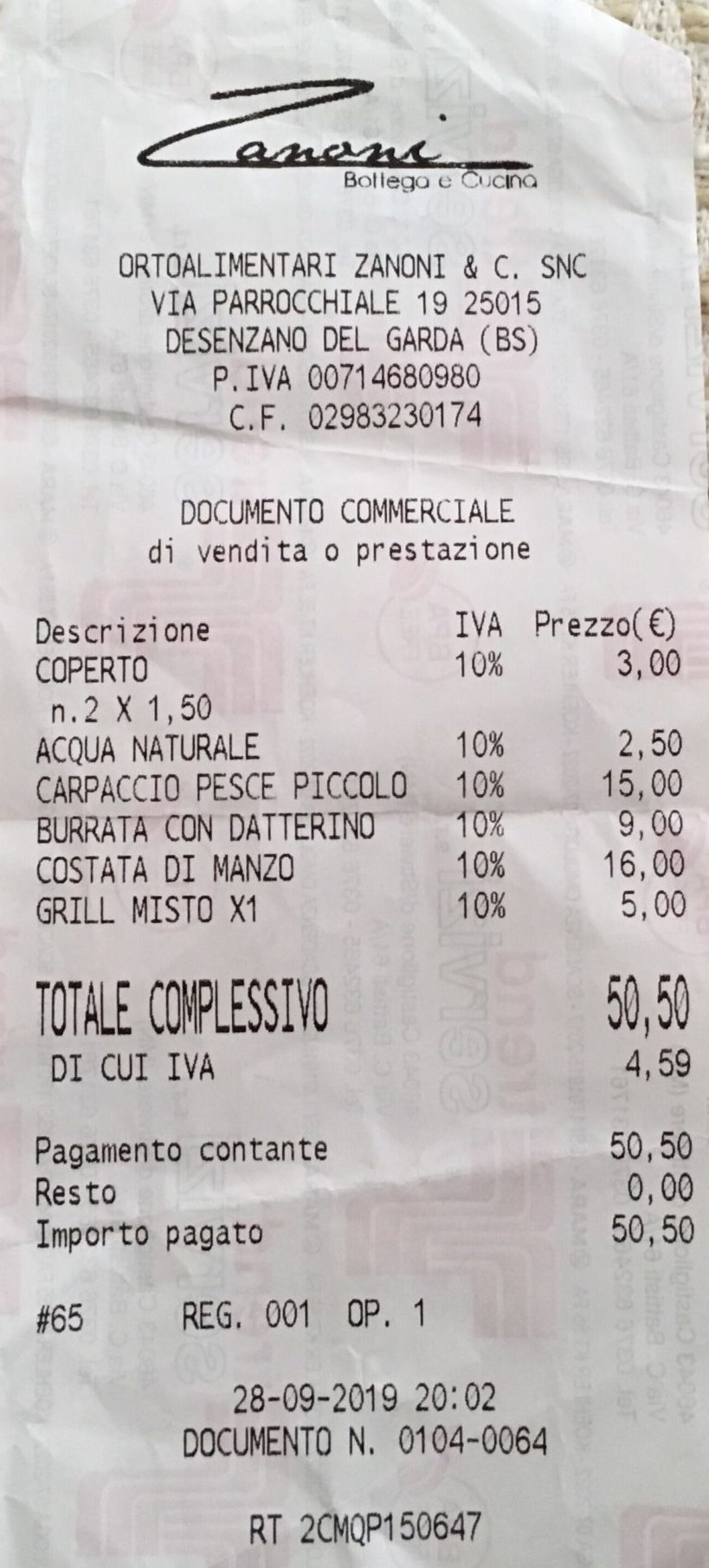 Receipt at Zanoni Bottega e Cucina, Desenzano del Garda, Lake Garda, Italy